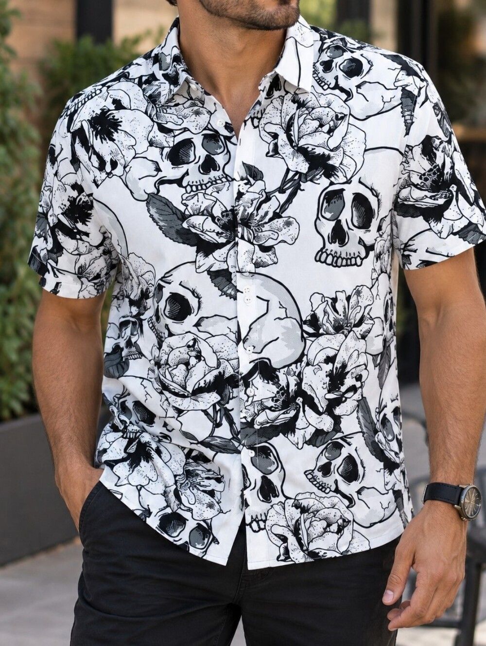 Men's Vacation Large Skull Rose Floral Button Down Shirt Black White Gothic#1